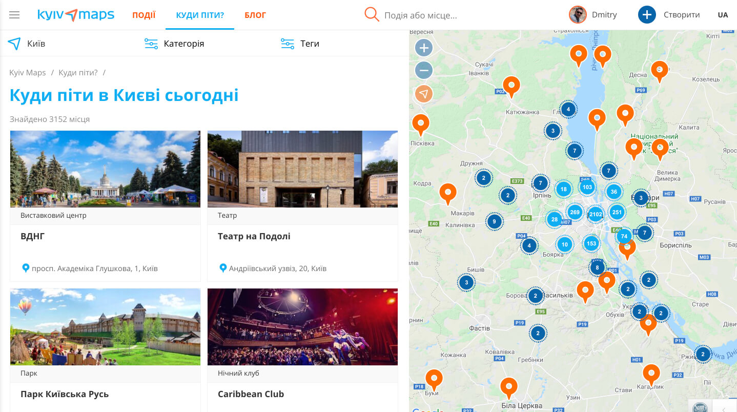Страница раздела "Куда пойти" на сайте https://kyivmaps.com/